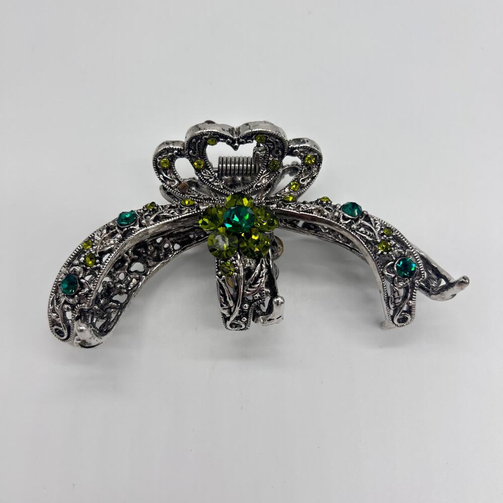Vintage Claw Clip Silver Tone Floral Green Rhinestones Hair Costume Jewelry